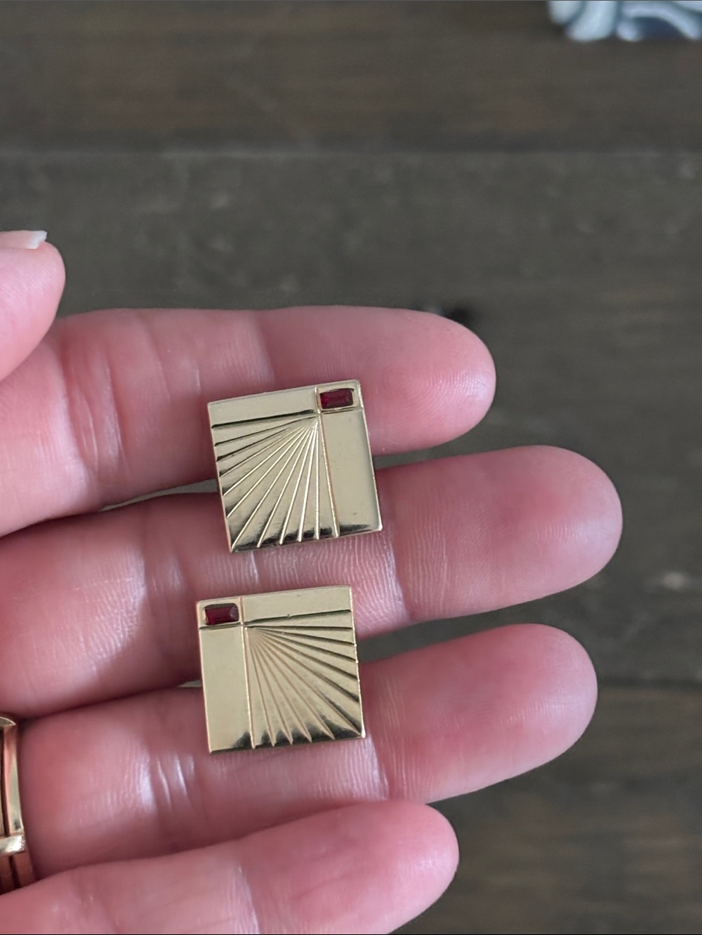 Vintage Anson Gold Tone Cufflinks Square Starburst w/ Ruby Colored Accent Stones